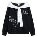 Black and white color blocked pullover rabbit star note embroidered hoodie