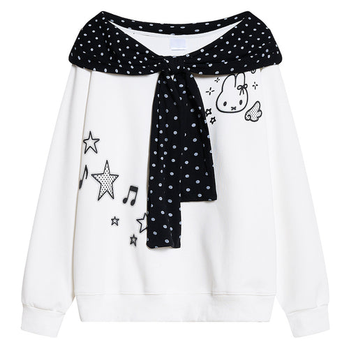 Black and white color blocked pullover rabbit star note embroidered hoodie
