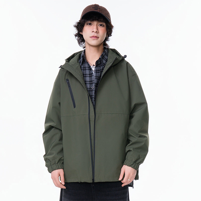 Outdoor Windproof Hooded Jacket, Solid Color Single-Layer Workwear Outerwear for Hiking